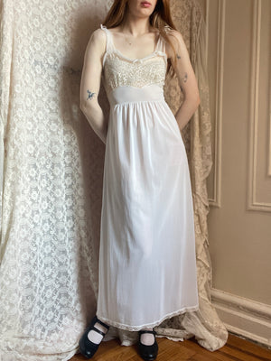 1960s White Nylon Lace Bust Full Length Slip Dress