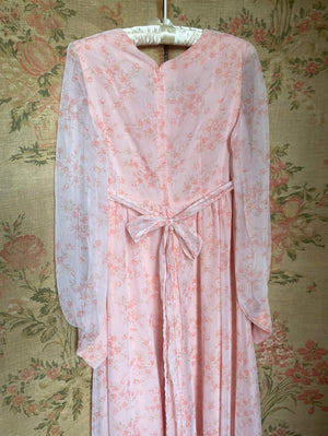 1970s Floral Pink Maxi Dress Sheer Chiffon Balloon Sleeves