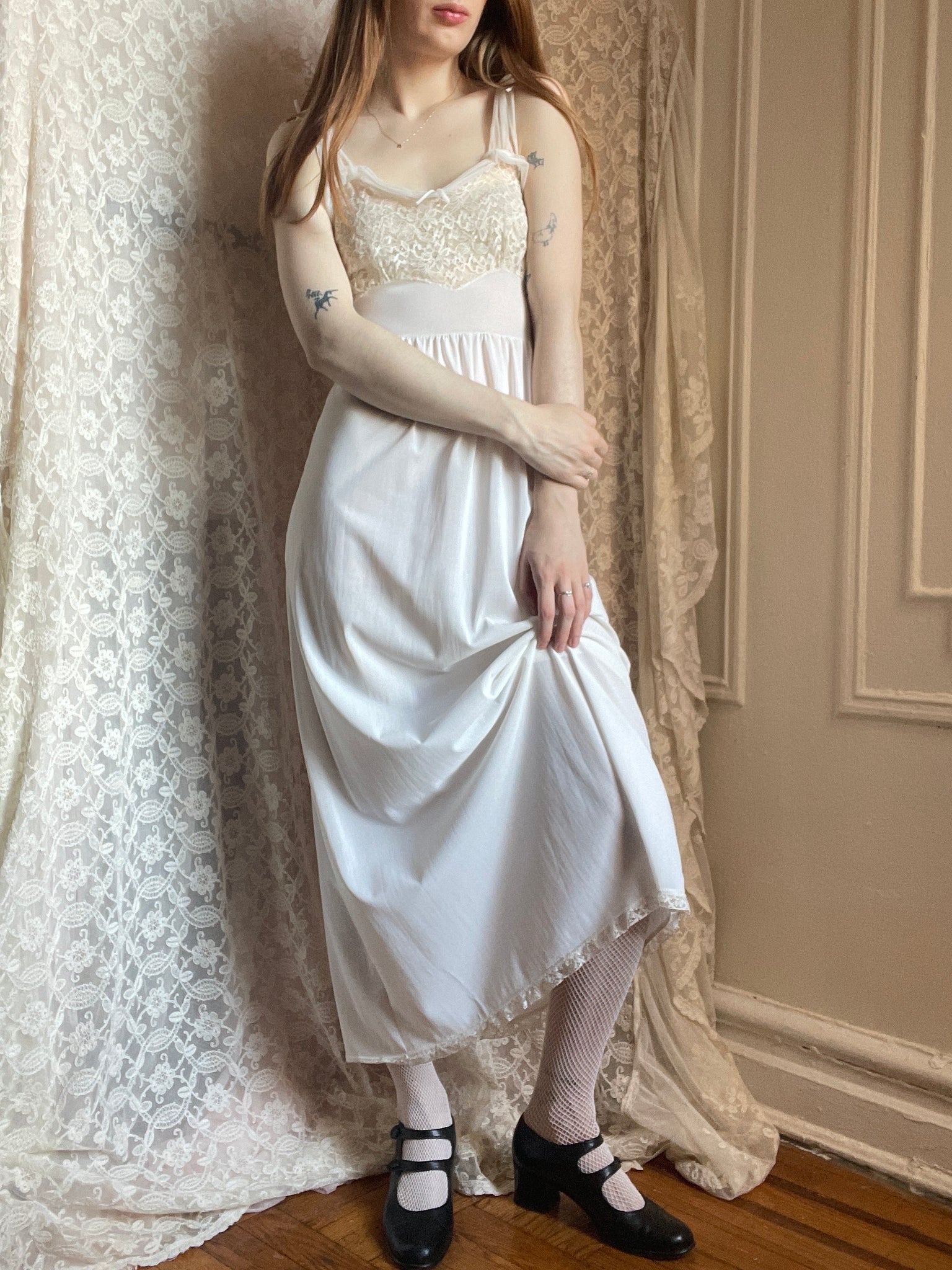 White Nylon Lace Sleepwear Slip Dress, Women's Fashion, New
