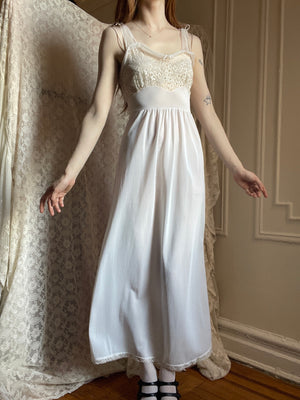 1960s White Nylon Lace Bust Full Length Slip Dress