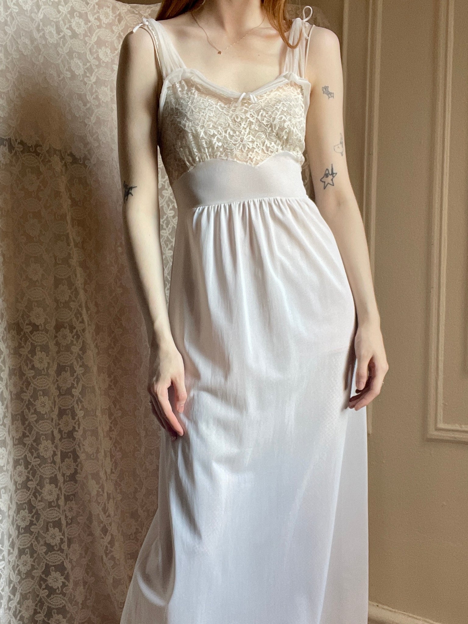 1960s White Nylon Lace Bust Full Length Slip Dress