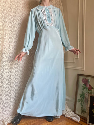 1940s Baby Blue Rayon Balloon Long Sleeve Collared Slip Dress