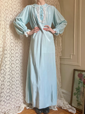 1940s Baby Blue Rayon Balloon Long Sleeve Collared Slip Dress