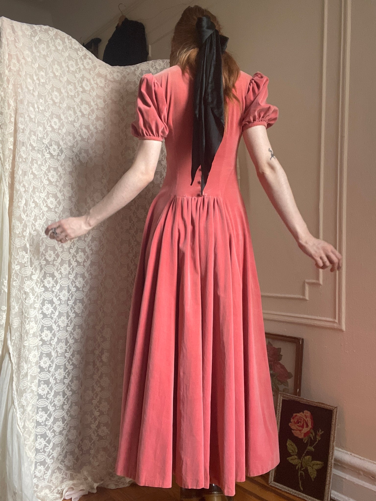 1940s Pink Velvet Puff Sleeve Gown Covered Buttons Back Dress