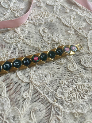 1960s Hand Painted Pink Floral Black Gold Tone Miami Beach Florida Souvenir Necklace Bracelet Set