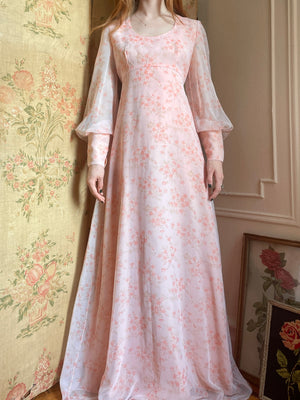 1970s Floral Pink Maxi Dress Sheer Chiffon Balloon Sleeves