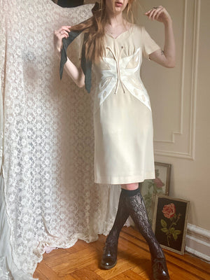 1990s Moschino Cheap & Chic Cream Satin Butterfly Rayon Crepe Dress