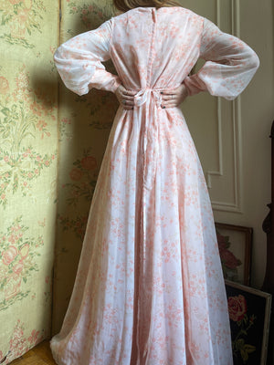 1970s Floral Pink Maxi Dress Sheer Chiffon Balloon Sleeves