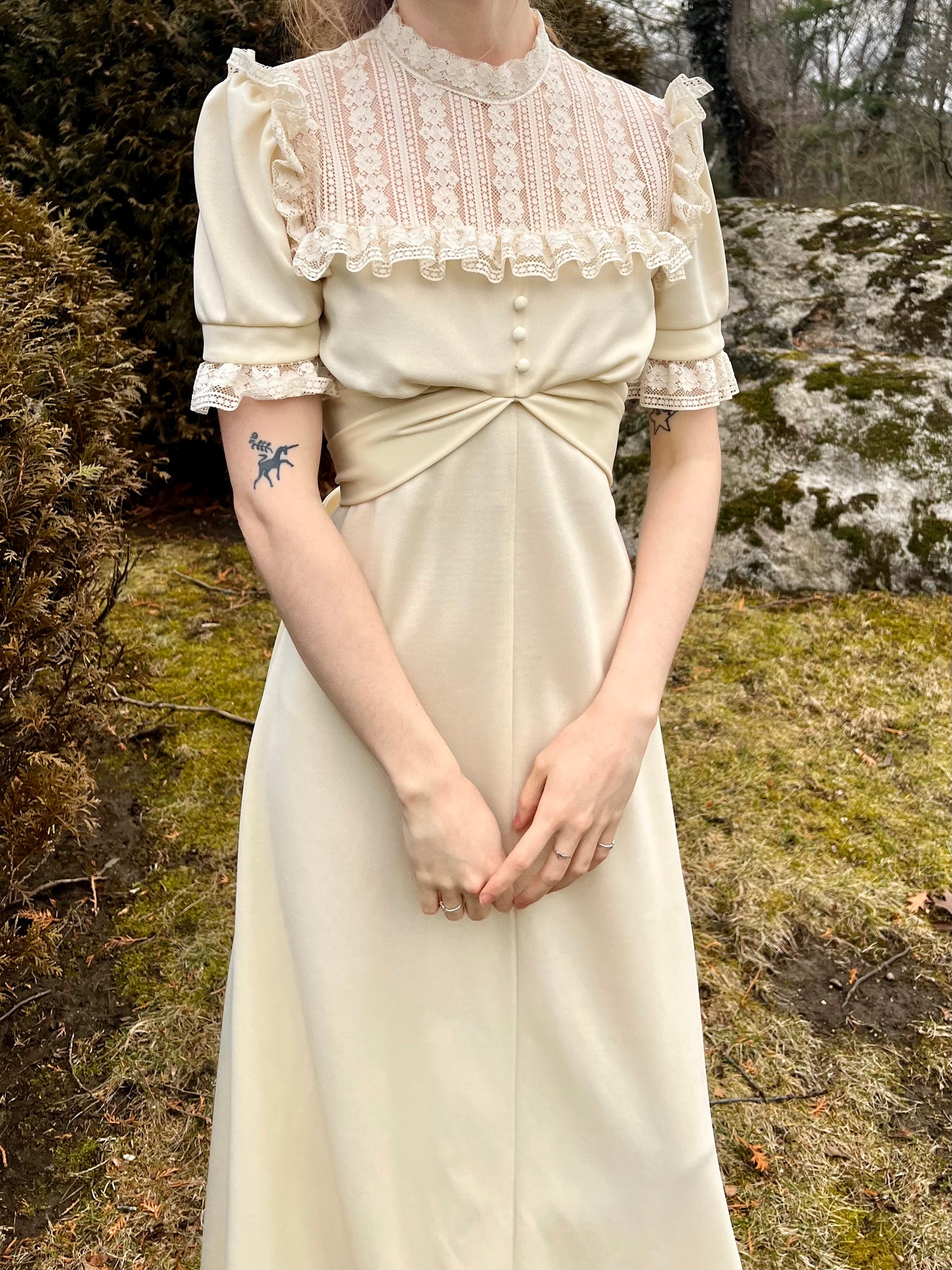 1970s Cream Lace Maxi Dress Tie Back