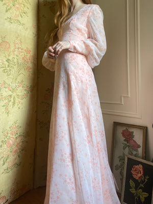 1970s Floral Pink Maxi Dress Sheer Chiffon Balloon Sleeves