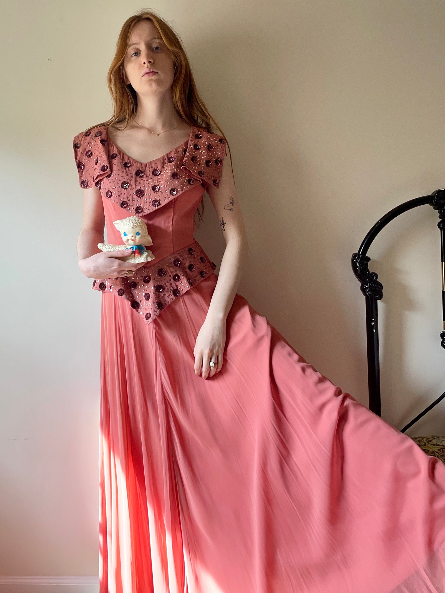 1940s silk chiffon salmon pink sequin prom dress