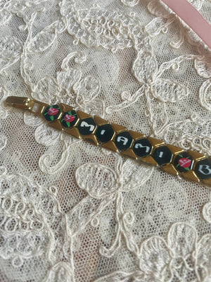 1960s Hand Painted Pink Floral Black Gold Tone Miami Beach Florida Souvenir Necklace Bracelet Set