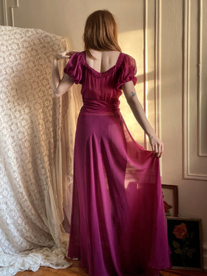 1930s Fuscia Purple Dress Ruched Puff Sleeves Rayon Chiffon Gown
