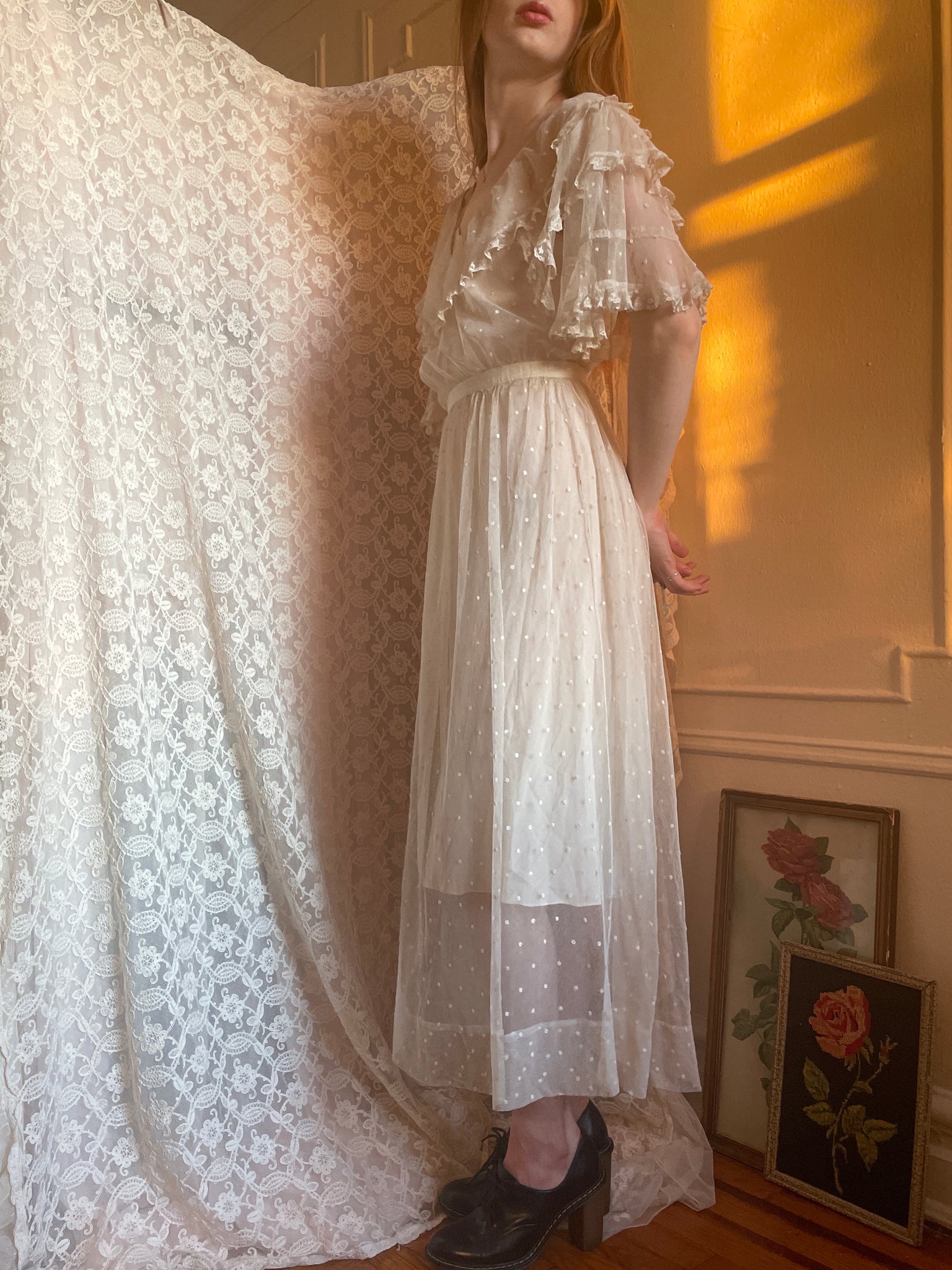 1910s Netting Swiss Dot Dress Sheer Mesh Net Gown Flutter Sleeves