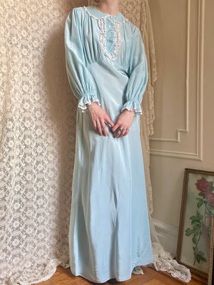 1940s Baby Blue Rayon Balloon Long Sleeve Collared Slip Dress