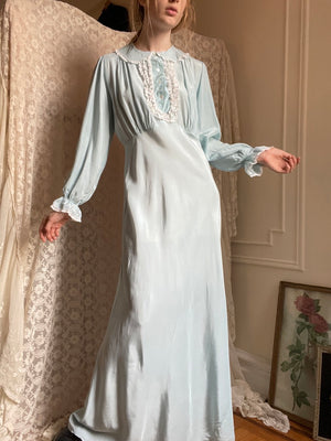 1940s Baby Blue Rayon Balloon Long Sleeve Collared Slip Dress