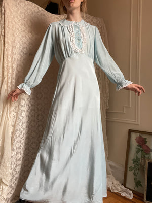 1940s Baby Blue Rayon Balloon Long Sleeve Collared Slip Dress