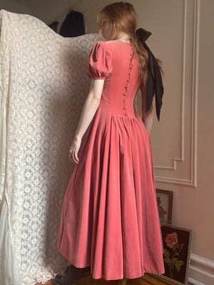 1940s Pink Velvet Puff Sleeve Gown Covered Buttons Back Dress