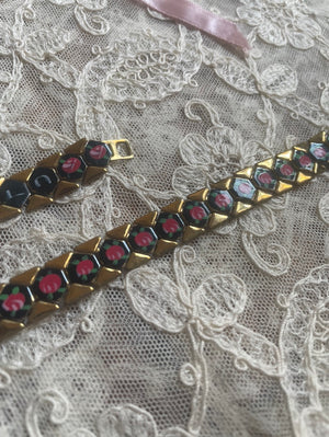 1960s Hand Painted Pink Floral Black Gold Tone Miami Beach Florida Souvenir Necklace Bracelet Set