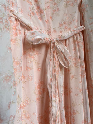 1970s Floral Pink Maxi Dress Sheer Chiffon Balloon Sleeves