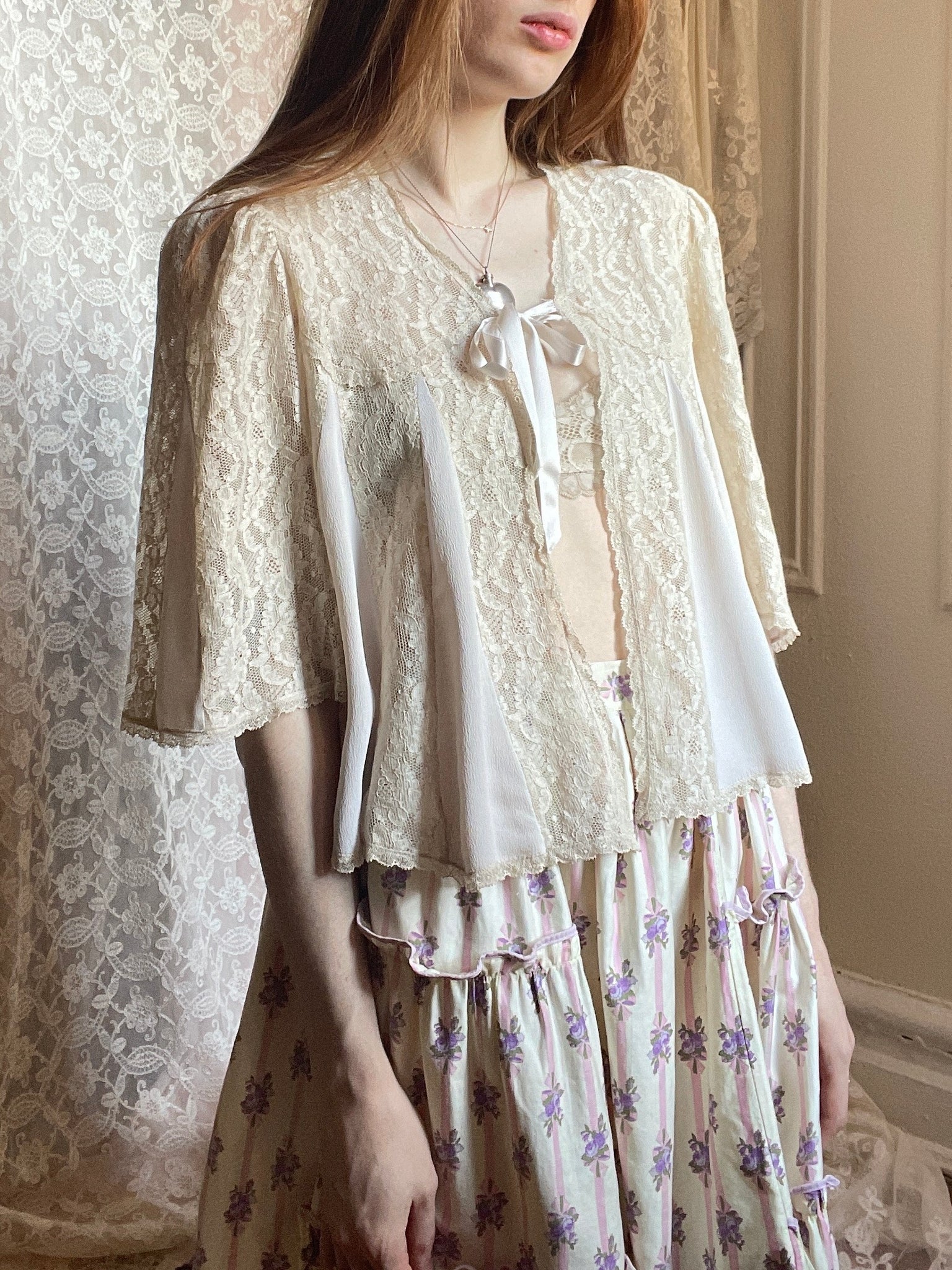 1950s Lilac Cream Lace Rayon Bed Jacket