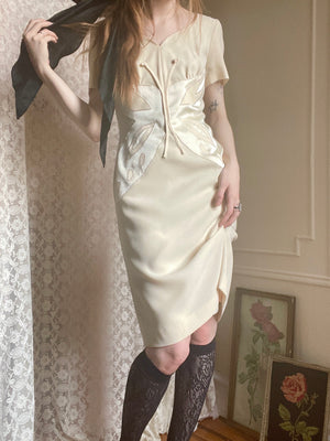 1990s Moschino Cheap & Chic Cream Satin Butterfly Rayon Crepe Dress