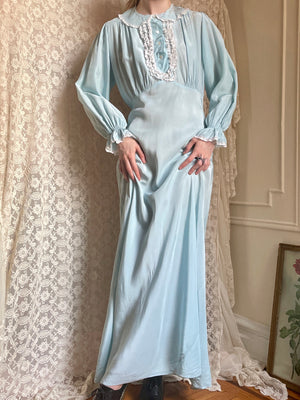 1940s Baby Blue Rayon Balloon Long Sleeve Collared Slip Dress