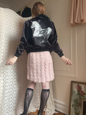 1980s Diamond Dust Unicorn Black Satin Bomber Jacket