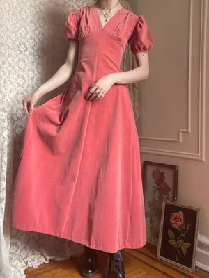 1940s Pink Velvet Puff Sleeve Gown Covered Buttons Back Dress