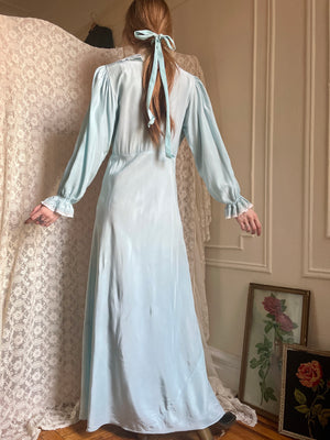 1940s Baby Blue Rayon Balloon Long Sleeve Collared Slip Dress