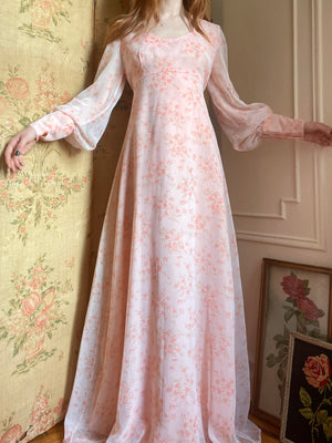 1970s Floral Pink Maxi Dress Sheer Chiffon Balloon Sleeves