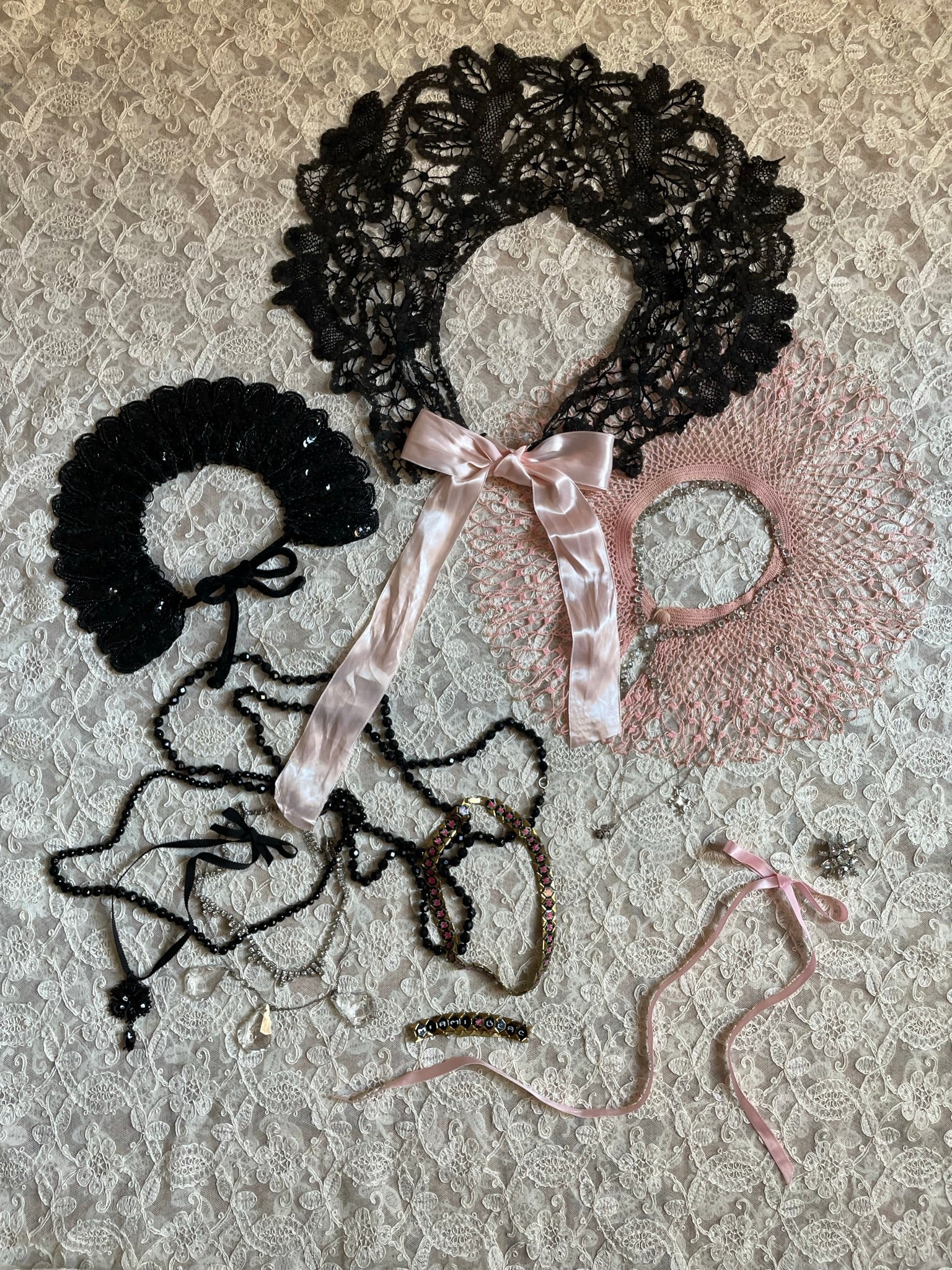 1900s Battenburg Lace and Crochet Black Collar Pink Ribbom Tie Accesory