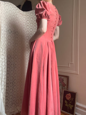 1940s Pink Velvet Puff Sleeve Gown Covered Buttons Back Dress