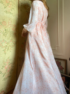 1970s Floral Pink Maxi Dress Sheer Chiffon Balloon Sleeves