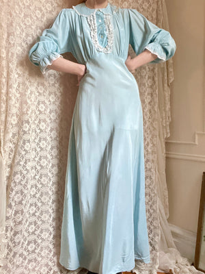 1940s Baby Blue Rayon Balloon Long Sleeve Collared Slip Dress