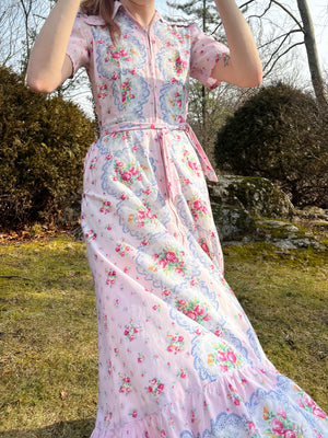 1940s Pink Lace Rose Floral Print Cotton House Dress Zipper Front