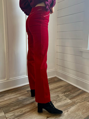 1970s Cherry Red Corduroy High Rise Bell Bottom Pants