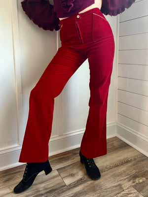 1970s Cherry Red Corduroy High Rise Bell Bottom Pants