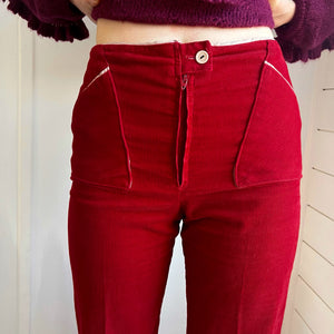 1970s Cherry Red Corduroy High Rise Bell Bottom Pants