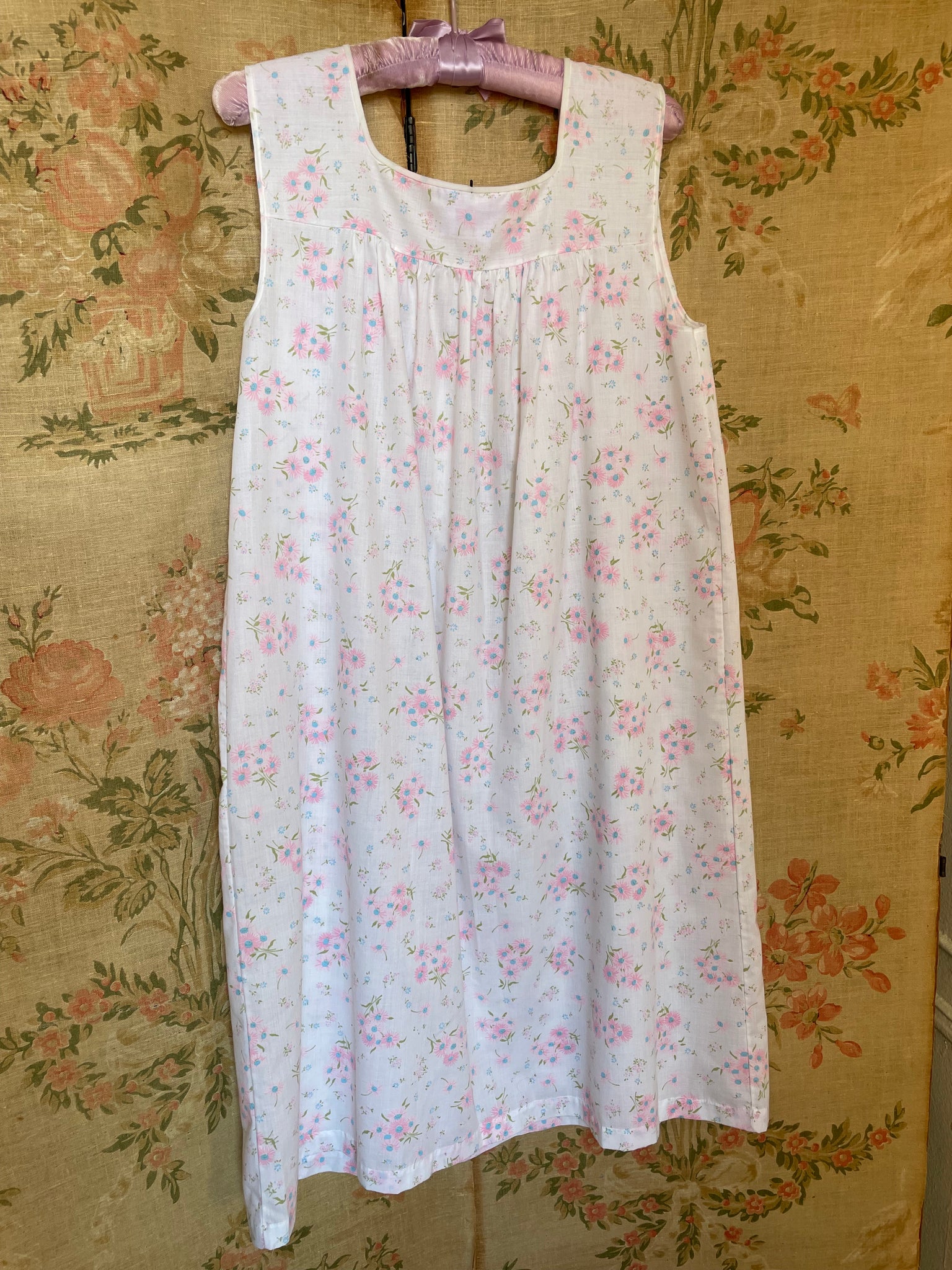 1960s Blue and Pink Floral Daisy White Cotton Dress