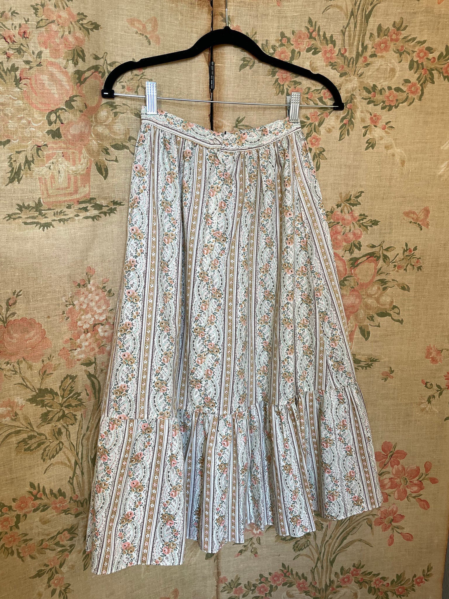 1970s Prairie Striped Rose Floral Skirt