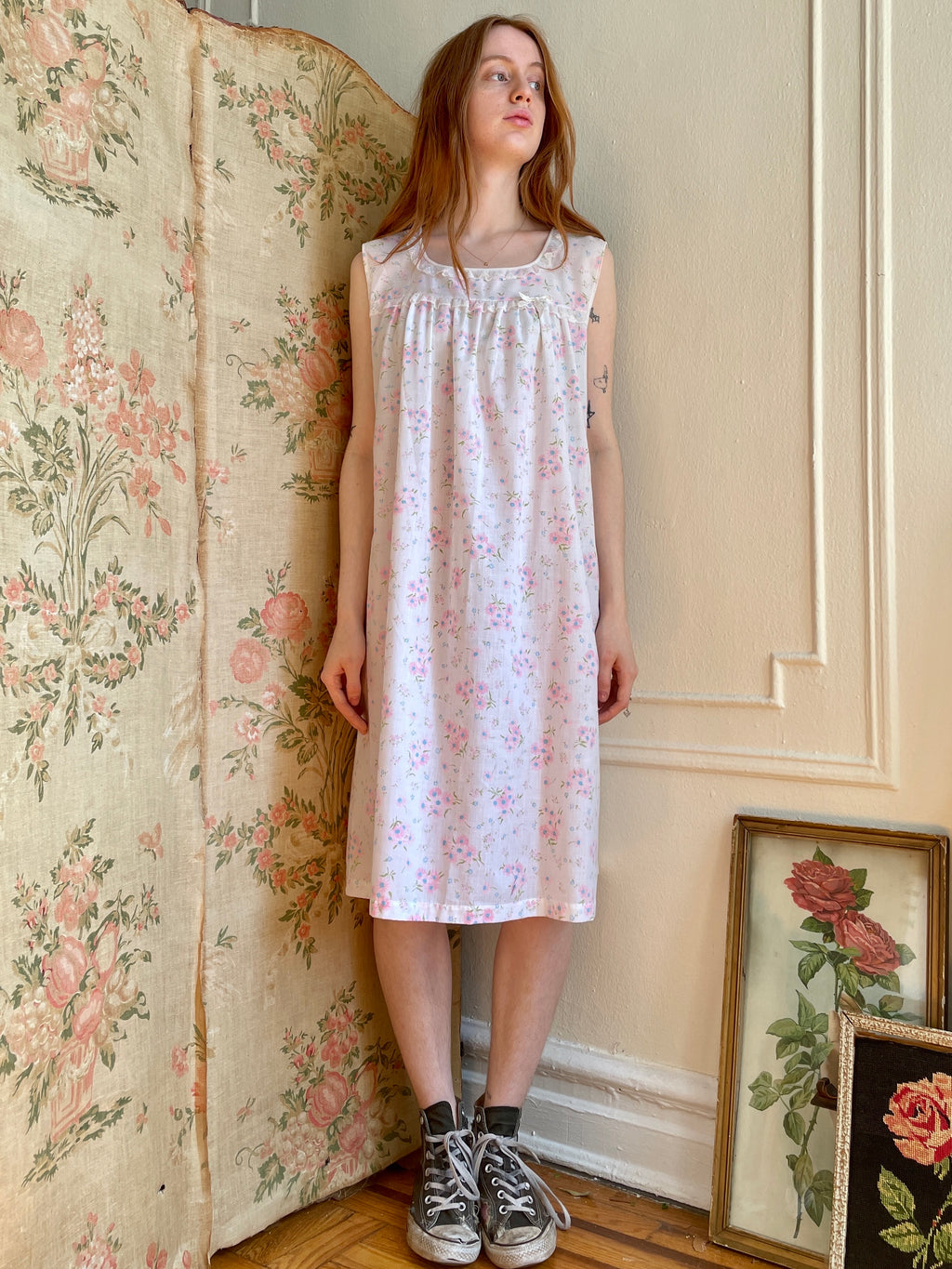 1960s Blue and Pink Floral Daisy White Cotton Dress