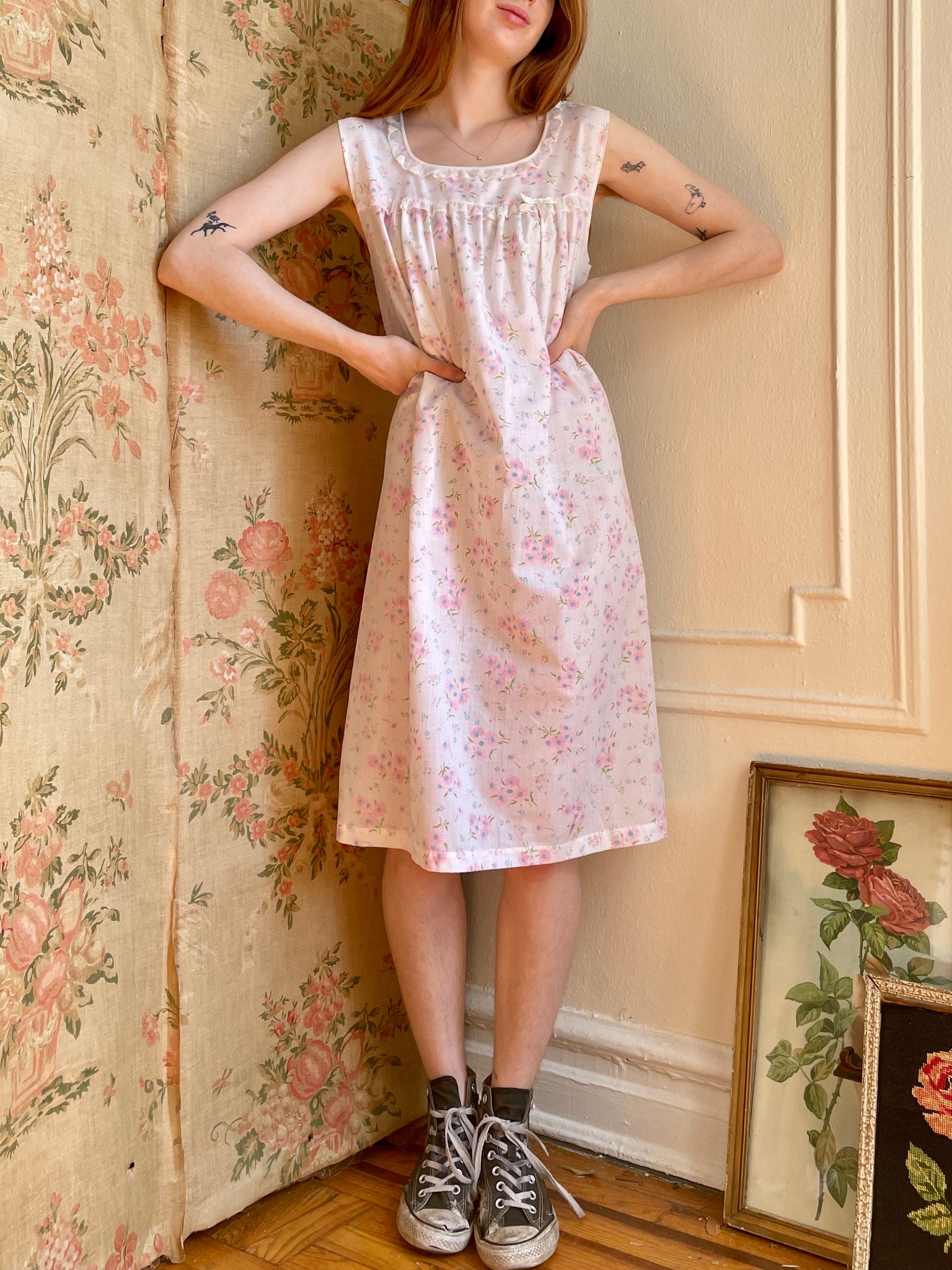1960s Blue and Pink Floral Daisy White Cotton Dress