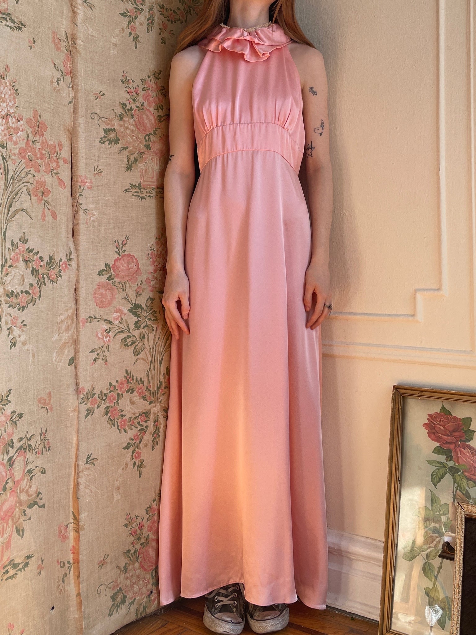 1970s Pink Satin and Lace Halter Maxi Dress