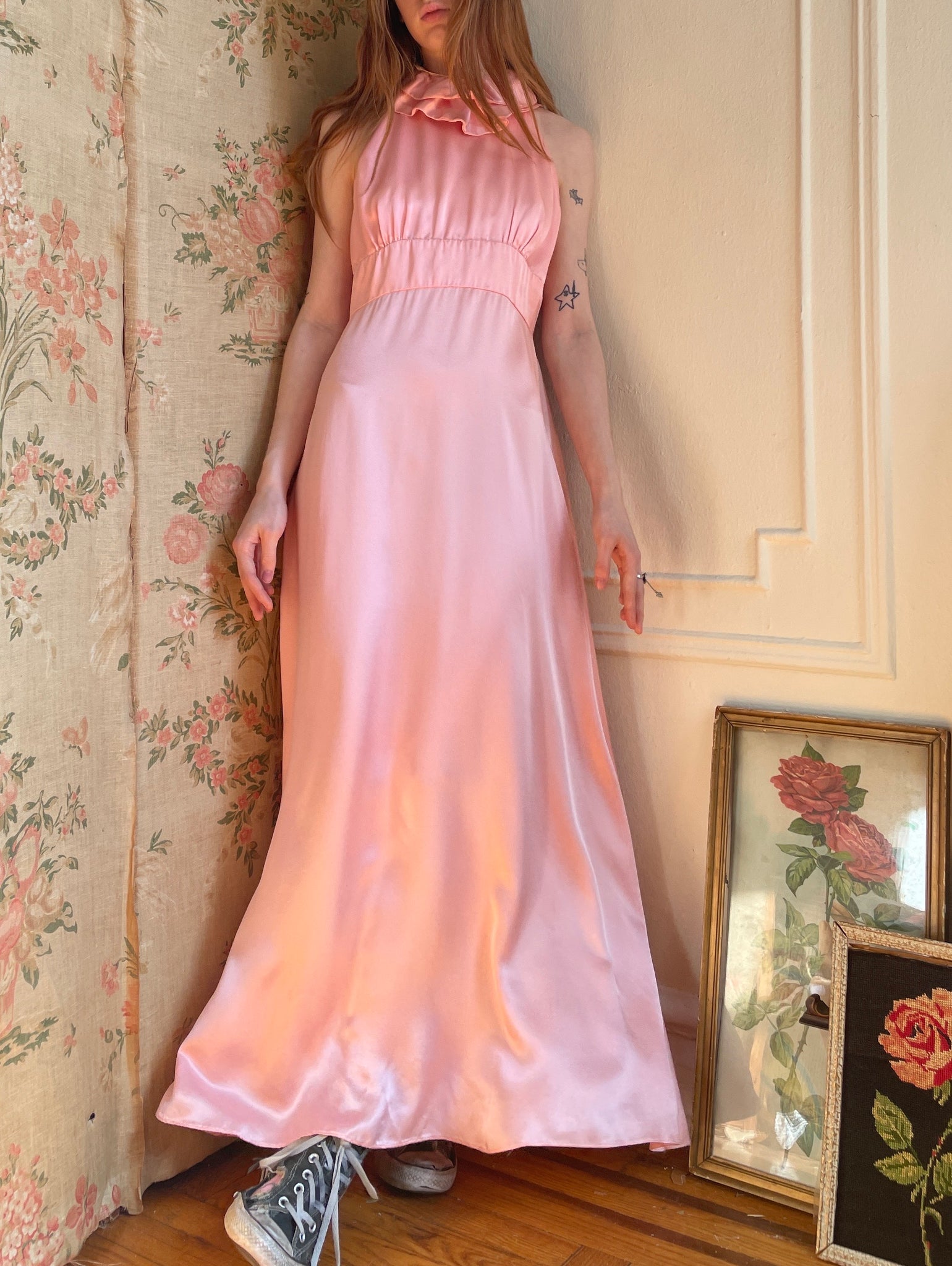 1970s Pink Satin and Lace Halter Maxi Dress