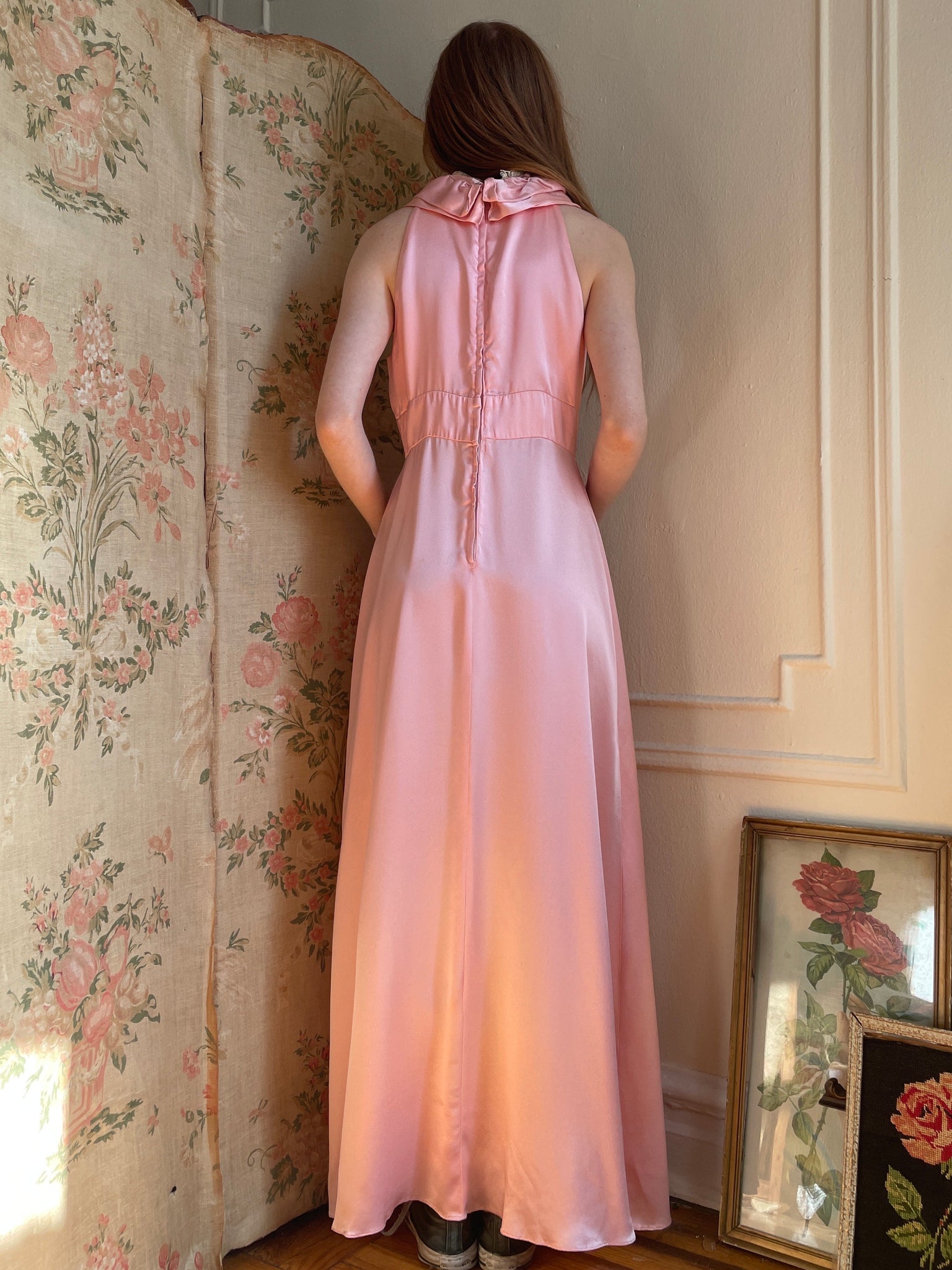 1970s Pink Satin and Lace Halter Maxi Dress