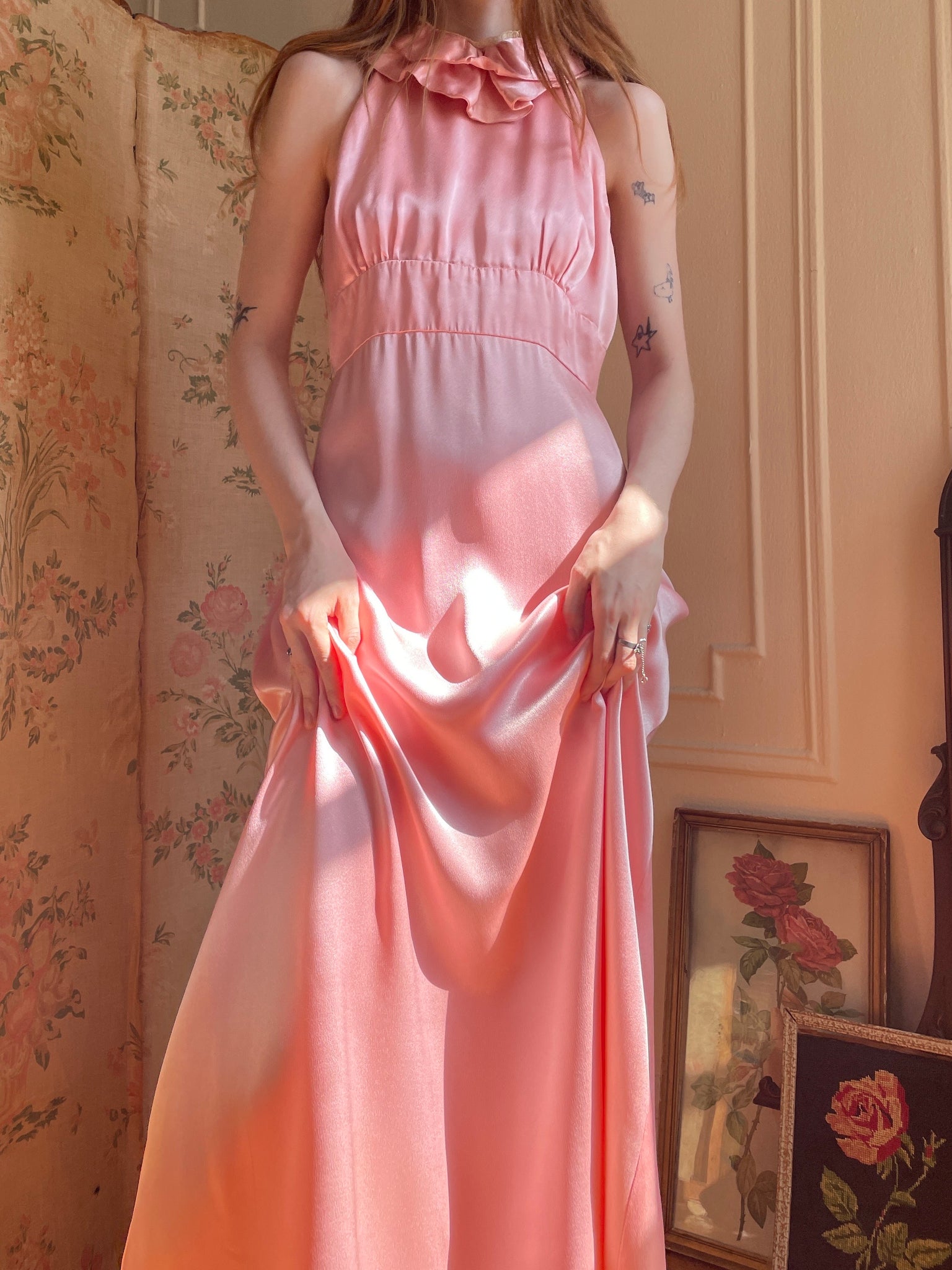 70's maxi dress pink cowl neck witchcore 1970s Pink Satin and Lace Halter Maxi Dress – Breath Of the Earth
