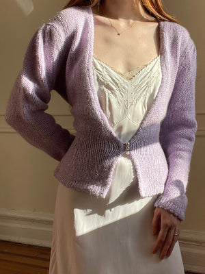 1980s Lilac Purple White Heathered Knit Cardigan Balloon Sleeves