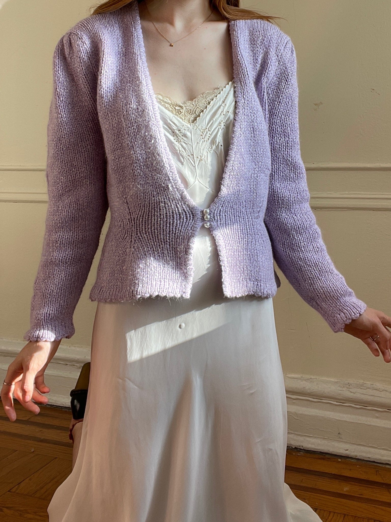 1980s Lilac Purple White Heathered Knit Cardigan Balloon Sleeves