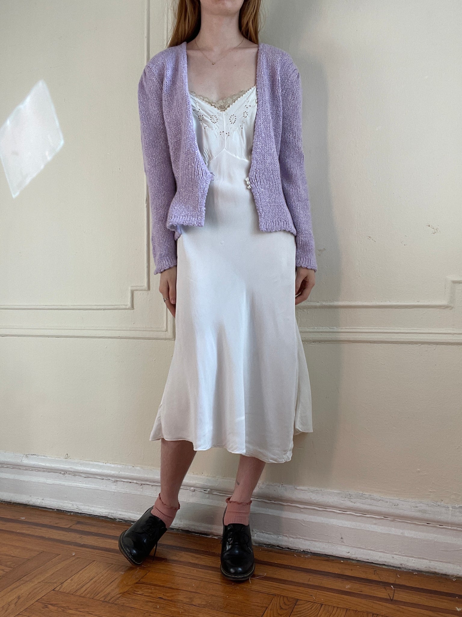 1980s Lilac Purple White Heathered Knit Cardigan Balloon Sleeves